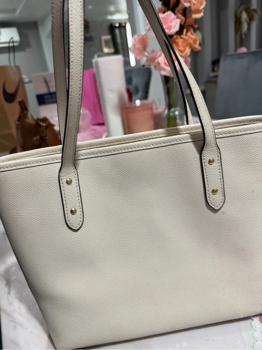 Coach Pebble Leather Tote in Chalk Cream with Gold Hardware